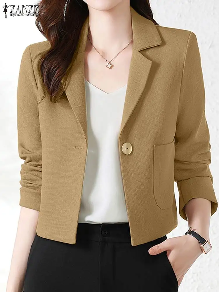 ZANZEA Stylish Women OL Work Blazer Autumn Elegant Office Lady Suits Blazer Casual Solid Crop Top Lapel Neck Long Sleeve Outwear