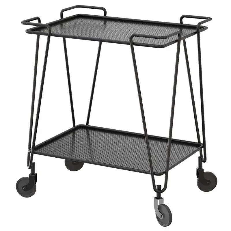 2-Tier Black Metal Rolling Kitchen Serving Trolley Truck