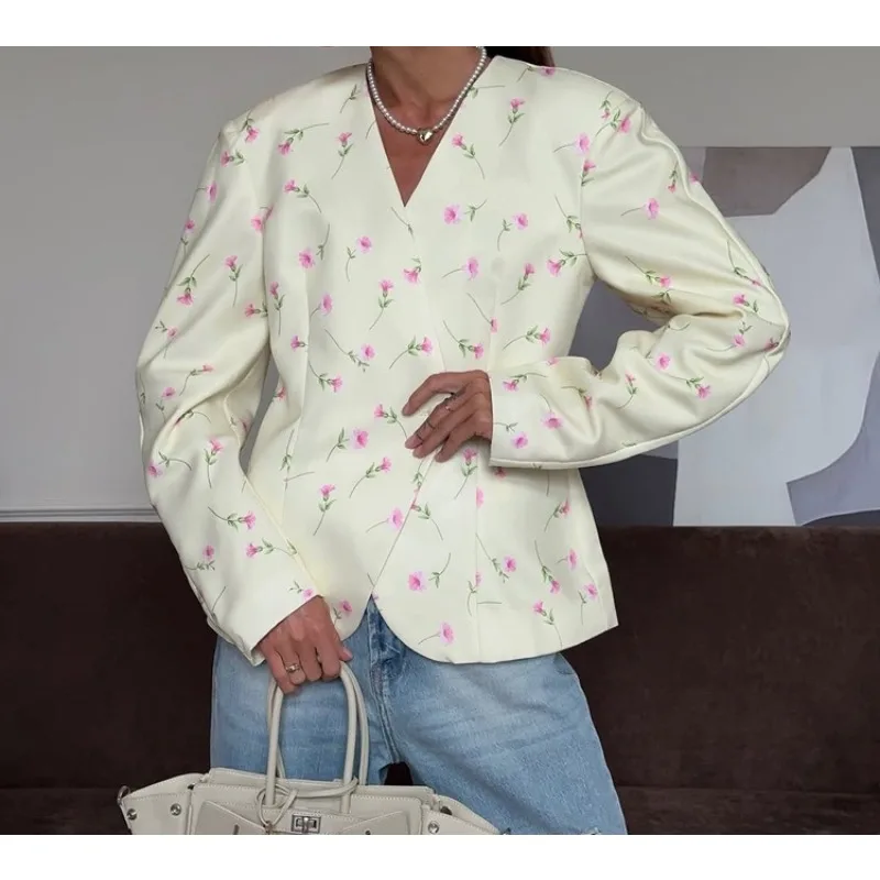 Casual Yellow Print Suit Blouses for Woman Clothes Fashion Long Sleeve Single Shirt Blouses Elegant V-Neck Pleated Tops Female