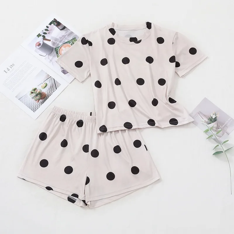 Home wear set - short-sleeved T-shirt with polka dot print - European-style pajamas with round neck - two-piece set