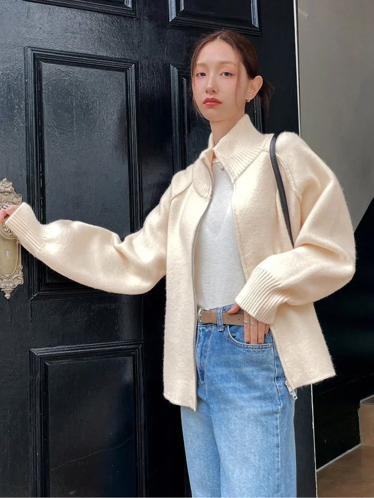Fashion Women Stand Collar Sweaters Thick Warm Zipper Full Sleeve Solid Cardigans 2025 Autumn Winter Vintage Lady Jumper Outwear