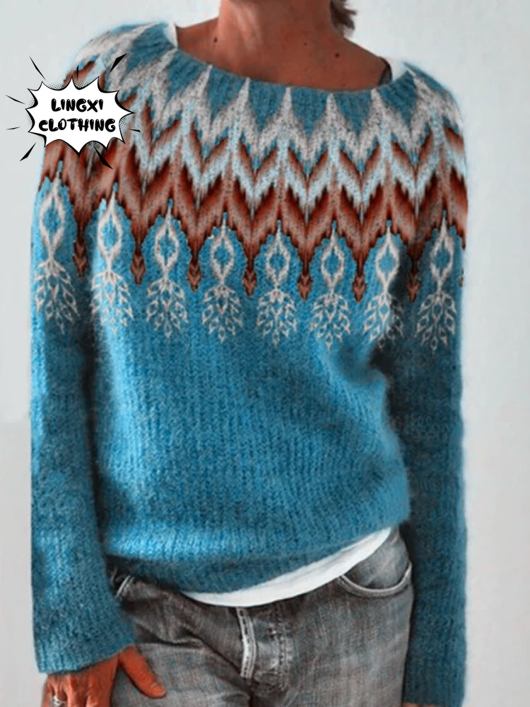 2023 Autumn/Winter Fashion Elegant Women\'s Sweater Warm and Vintage Style Printed Pattern Thickened Knitted Pullover Jumper