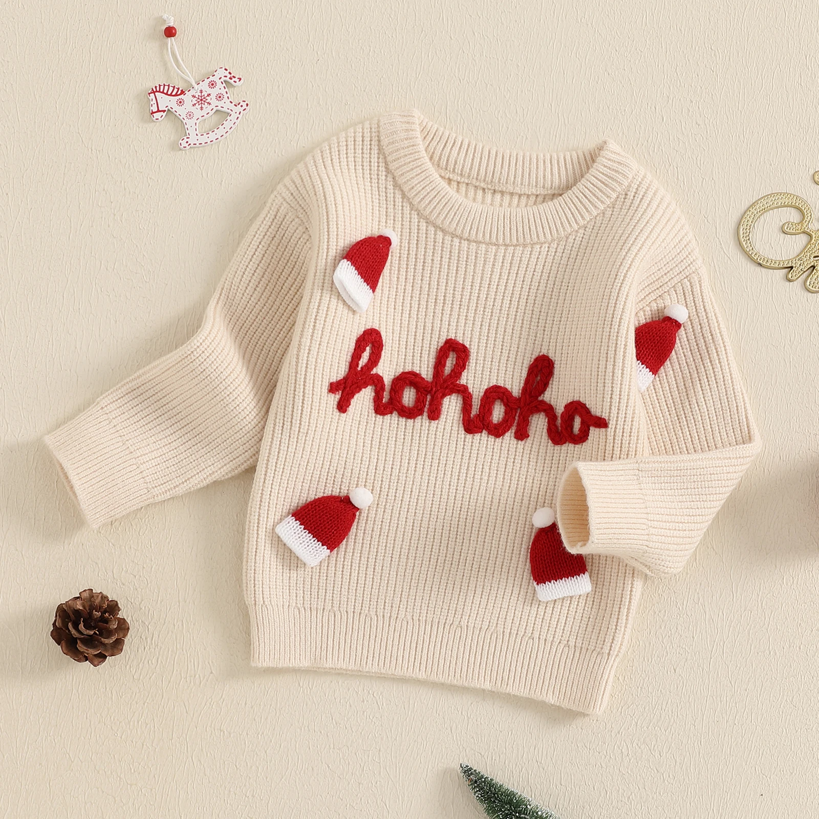 Baby Christmas Sweater Casual Letter Embroidery Santa Hat Warm Knitted Pullover Infant Knitwear for Toddler 0-3 Years