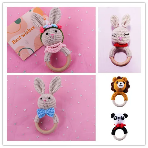 

1Pc Bunny Wooden Ring Crochet Cartoon Animal Rabbite Rattle Toy Mobile Pram Crib Newborn Molar Chewing Teether Toy Education