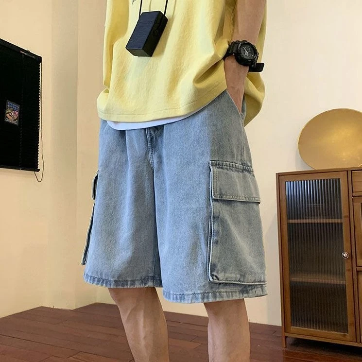

Men's Summer Denim Utility Shorts Thin Casual Pocket Cargo Shorts High Street American Style Above Knee Length Pants