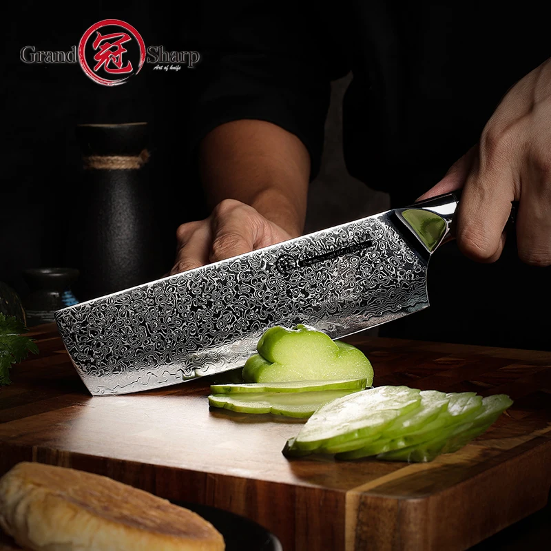 Bild 3: Grandsharp 7 Zoll Nakiri Messer 67 Schichten Damast Stahl chinesischen Hackmesser Kochmesser mit Kohle faser Griff Koch Küchenmesser