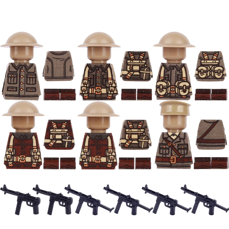 WW1 British Soviet Soldier Figures Printed Parts Building Block Clothing Sticker Bricks Mini MP40 PPSH Weapon Accessories Toys