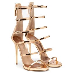 Women Gold Strappy High Heel Sandals Open Toe Stiletto Wedding Party Shoes Back Zipoper