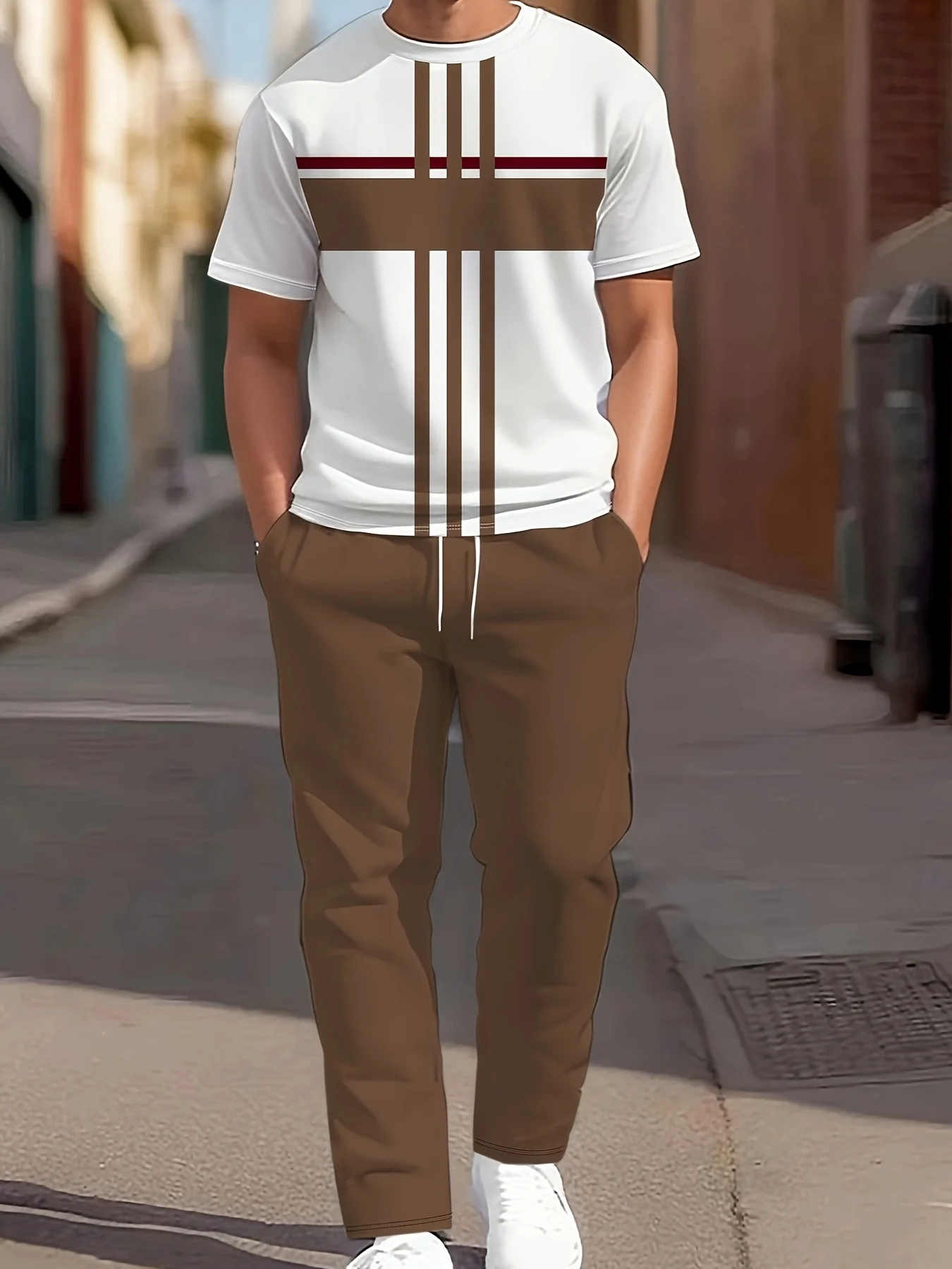 

2026 Summer New Men's Short-Sleeved Long Pants Set with 3D Stripes Pattern Print for Street Casual Comfort and Softness