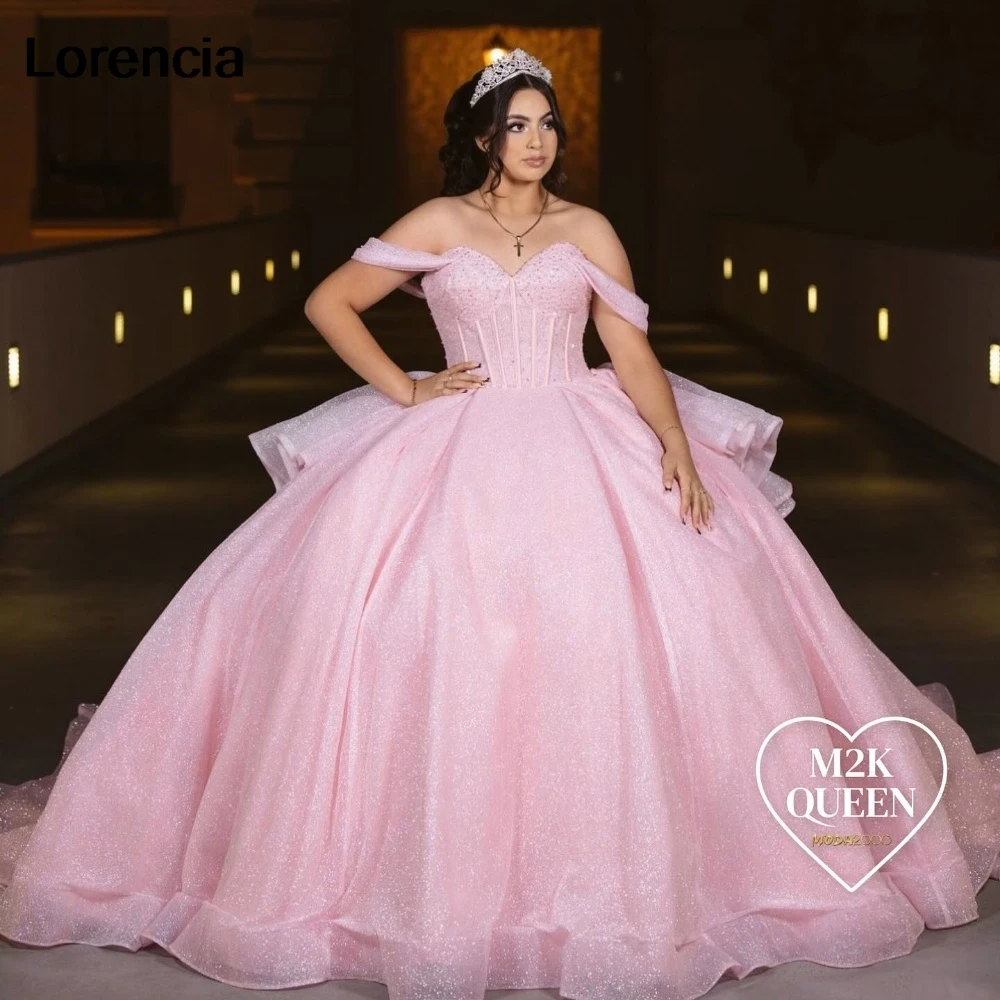 Lorencia Shiny Pink Quinceanera Dress Ball Gown Applique Beaded Crystal Tiered Mexico corsetto Sweet 16 Vestidos De 15 aecos YQD926