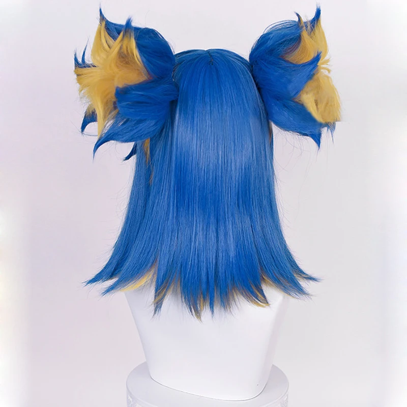 Game Valorant Neon Cosplay Wig Short Blue Mix Blond With 2 Clip Ponytails Heat Resistant Synthetic Hair Role Play Wigs + Wig Cap