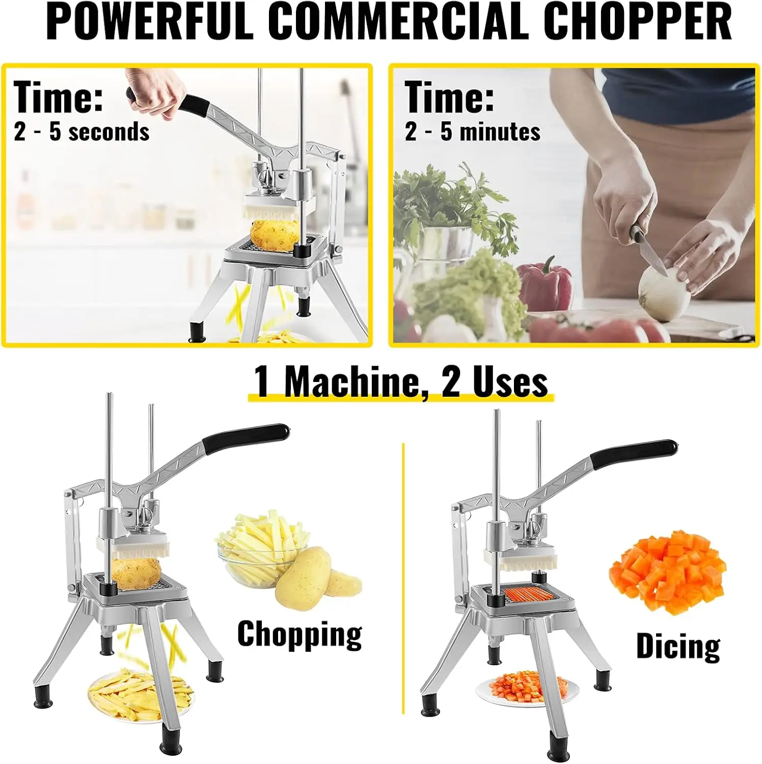 Commercial Vegetable Chopper W/ 4 Replacement Blades, Stainless Steel French Fry Cutter Potato Dicer & Fruit Slicer