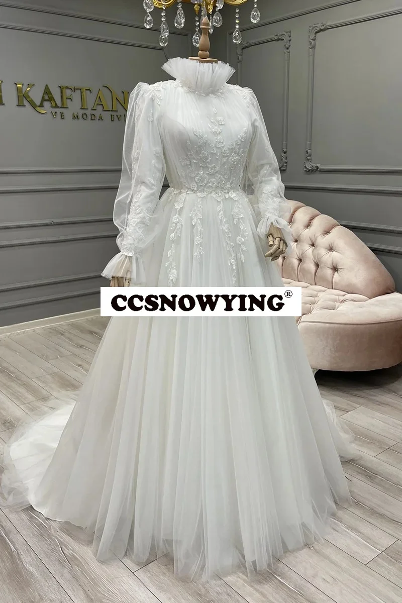 

Long Sleeve Muslim Wedding Dress for Bride Tulle Appliques High Neck Arabic Dubai Islamic Hijab Bride Gown Vestidos De Novia