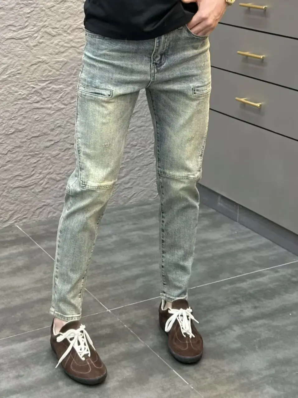 

Elastic Jeans Men's Korean Sle Summer Trendy Brand Net Red Faion Slim Fit Small Footlight Light Color Versatile Nine Points