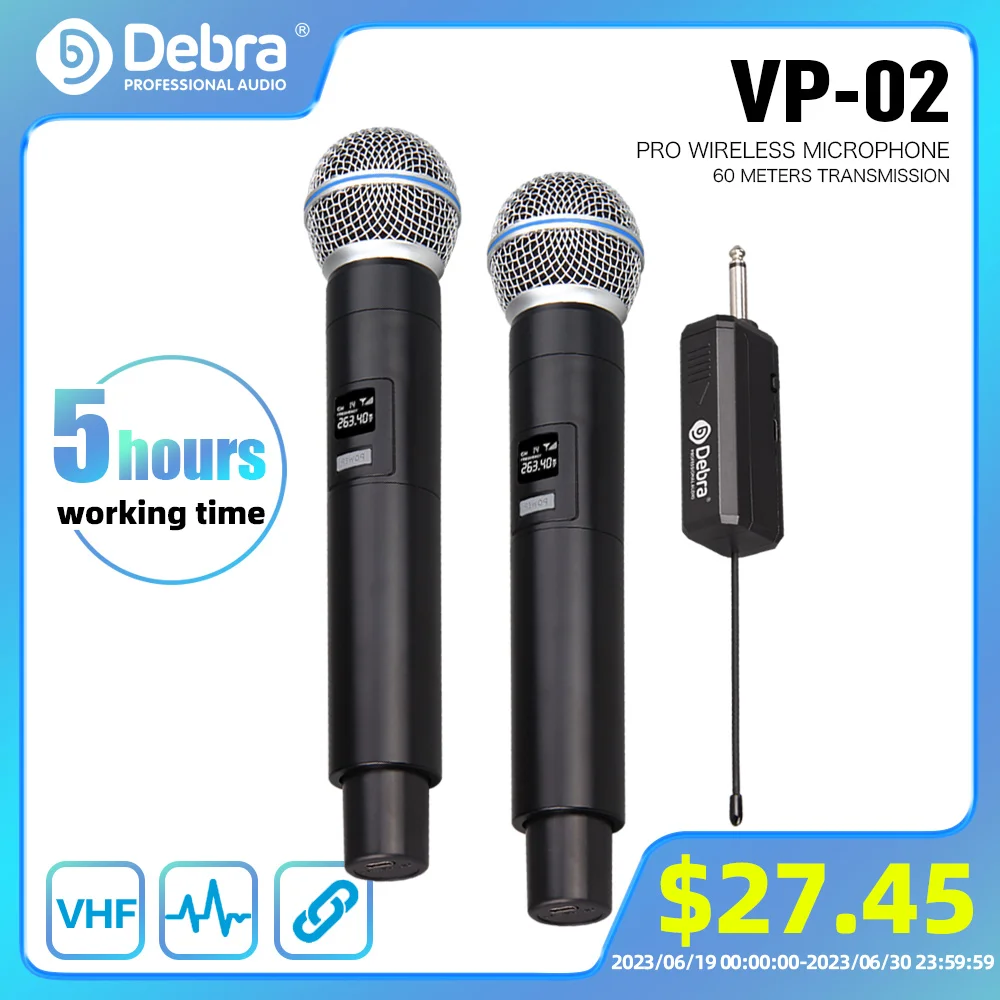 Debra Karaoke Wireless Microphone System VP Series 2 Channel  Handheld Mics 60m For Stage,Church,Party,School, PA, Speaker