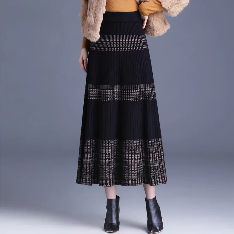 #1647 Winter Knitted Skirt Women Vintage Midi Skirt Spliced Color High Waisted A-line Skirt Ladies Retro Office Skirts Womens