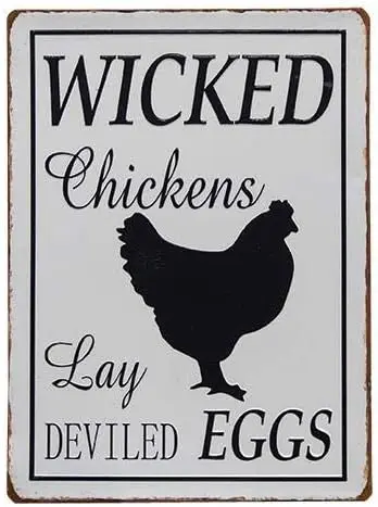 Wicked Chickens Lay Deviled Eggs Rustic Plate Retro Chic Metal Tin Sign Garage Vintage Garden House Wall Decor 12X8 Inch