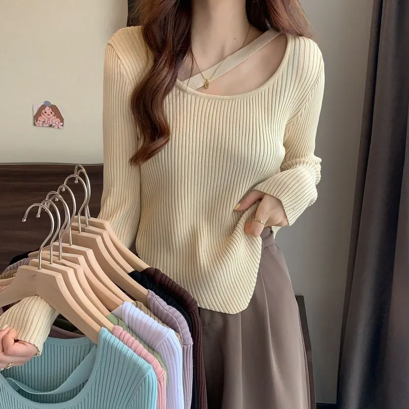 

Spring Autumn Knitwear Sweater 2022 New Women Solid Color Irregular Long Sleeves Short Bottoming Tops