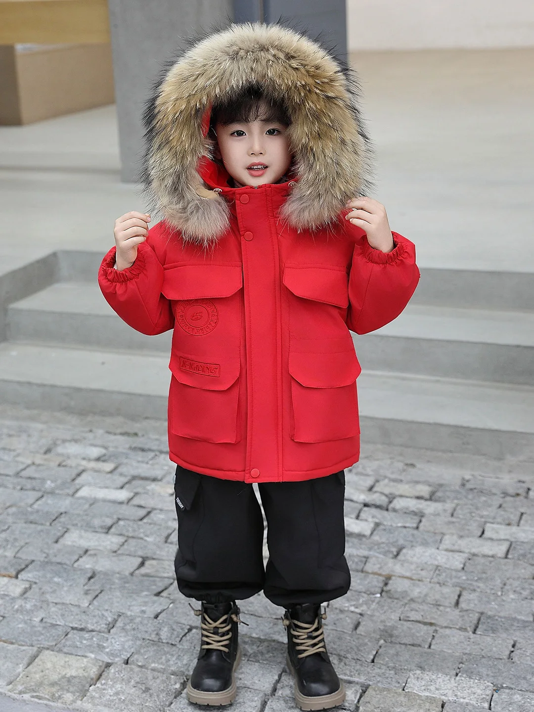 

Утепленная хлопковая куртка для мальчиков с большим меховым воротником и капюшоном, зимнее пальто, хлопковая стеганая куртка для мальчиков на Новый год