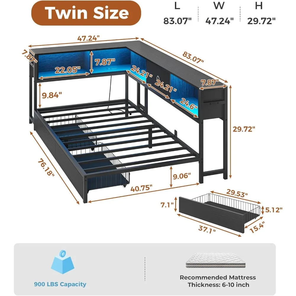 Twin Corner Bed Frame with Bookcase Storage and Led Lights Metal Platform Bed Frame Twin Size with Storage Drawers and Ch