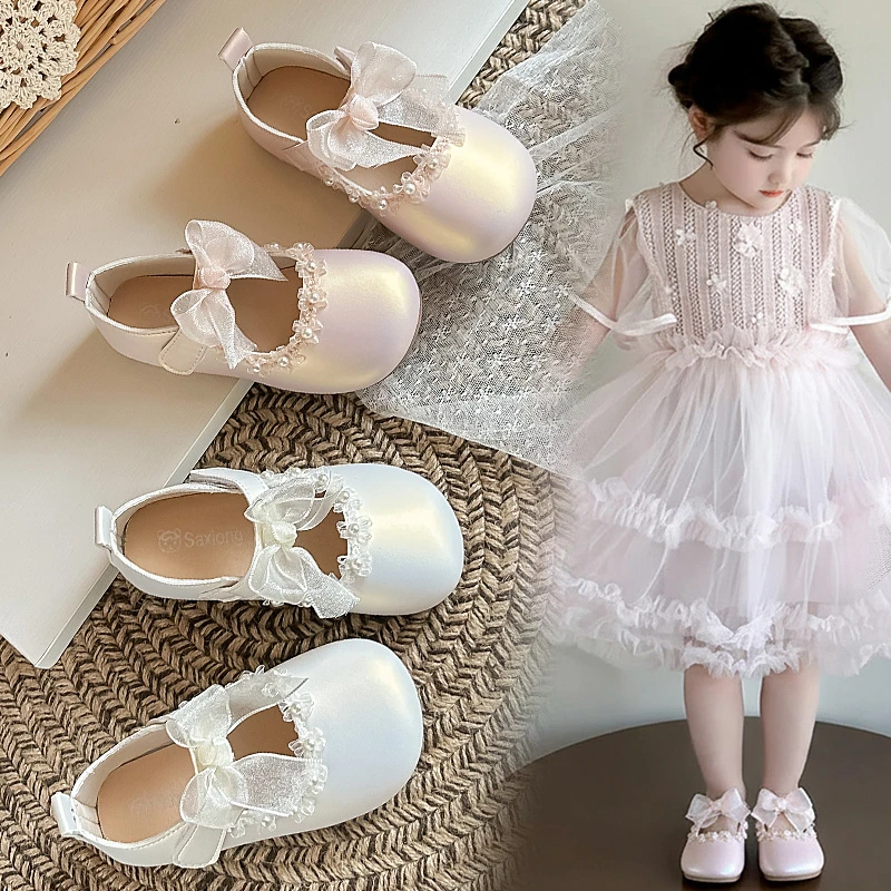 

Детские туфли для девочек, плоские, с круглым носком, для танцев, универсальные, 2026, абсолютно новые, кожаные, с милыми кружевными бантиками, на мягкой подошве