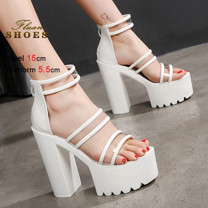 

Летняя обувь на платформе, женские босоножки на очень высоком каблуке 15 см, модные женские босоножки на грубом каблуке с молнией сзади, прозрачный дизайн