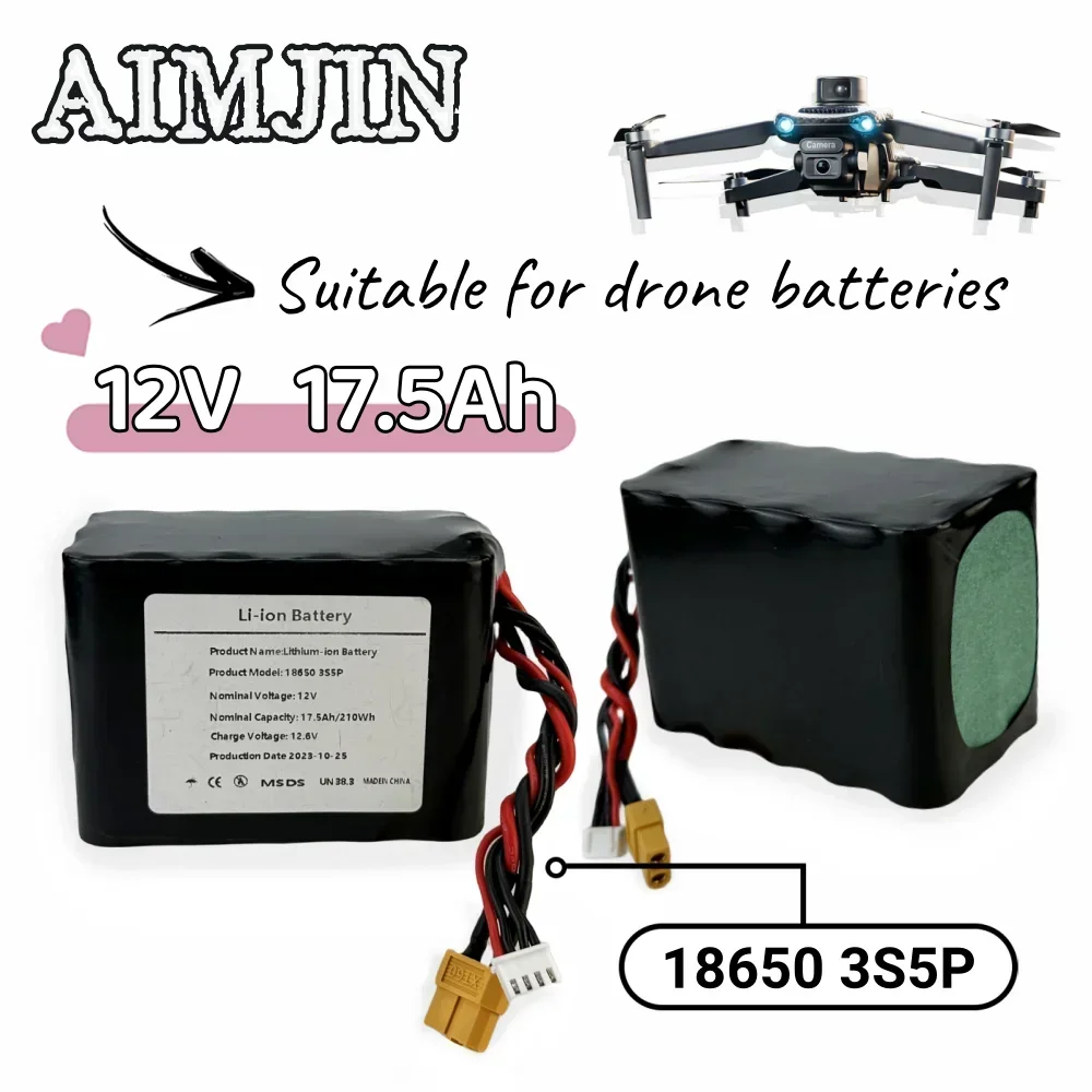 For Various RC Airplane Drone Quadrotor XH2.54-4P XT60 18650 3S5P 12V 17.5Ah Lithium Ion Rechargeable Battery Pack
