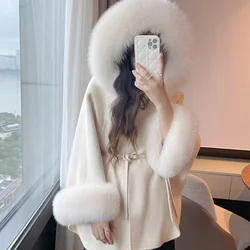 Real Fox Fur Woolen Jacket 2024 New Fashion Winter Women's Hooded Belt Warm Luxury Thick Female Coat Cloat Type Batwing Sleeve