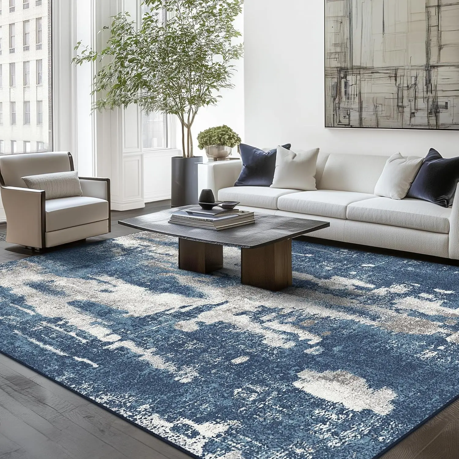 

Area Rugs 4X6 For Living Room Bedroom Hine Washable Modern Abstract Soft Large Blue Throw Rugs With Non Slip Backing, Floor