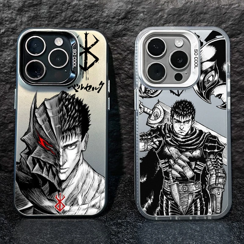 Anime Cool Berserk Guts Phone Case For Apple iPhone 15 14 13 12 11 Pro MAX XR Colored Silver Plated Inside Cover