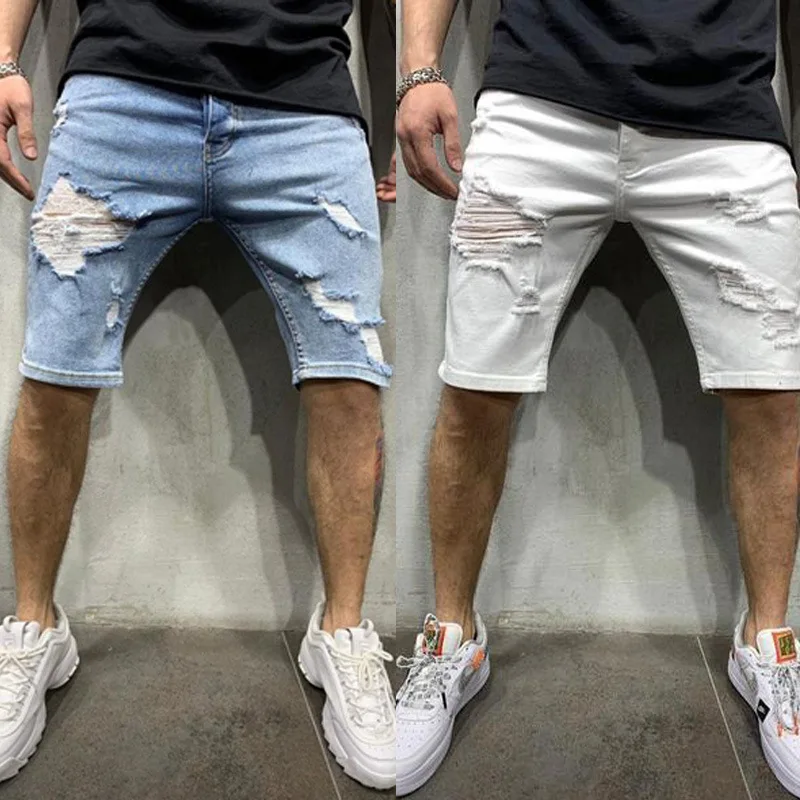 

EU SIZE Spring and Autumn Summer Casual Simple European and American Denim Ripped Hole Slim Fit Men's Mid Length Pants