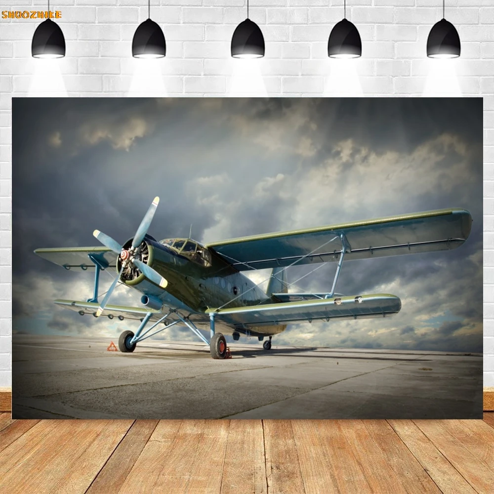 Fondo de fotografía de avión en el cielo, cartel de fiesta de cumpleaños para niño, retrato de bebé, sesión de fotos, fondo de zona fotográfica para estudio fotográfico