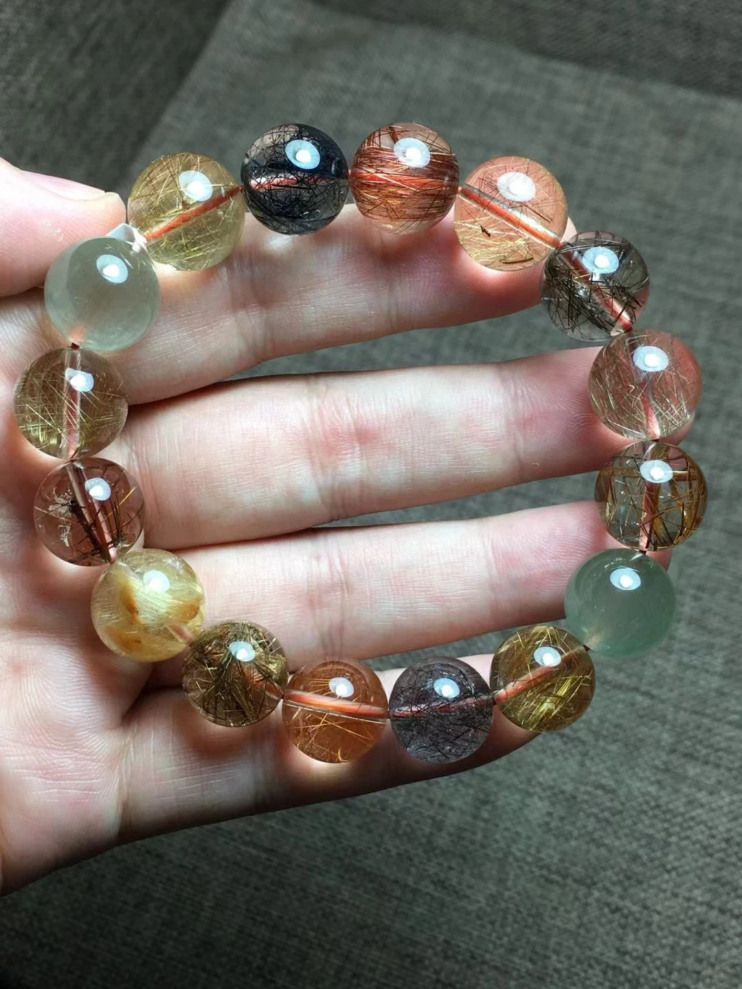 Natural Copper Black Rutilated Quartz Bracelet Gold Green Rutilated 13mm Clear Round Women Bracelet AAAAAA