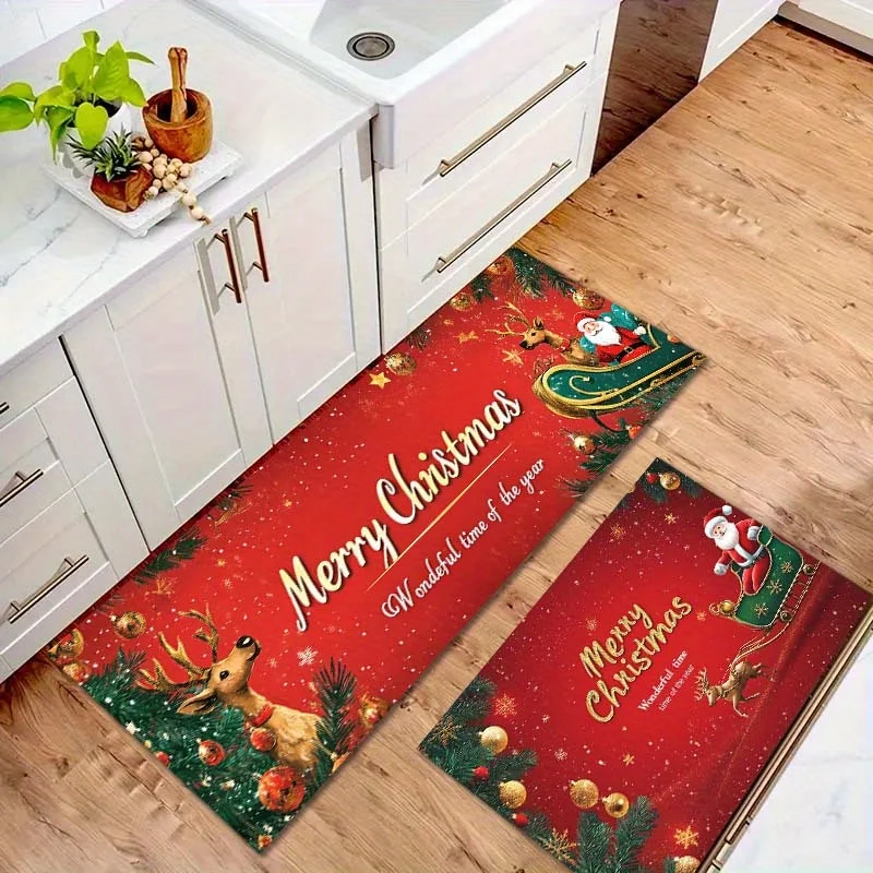 Christmas Pine Needle Deer Santa Claus Kitchen Floor Mat Bedroom Bedside Foot Mat Entrance Welcome Doormat Home Xmas Antypoślizgowy dywanik