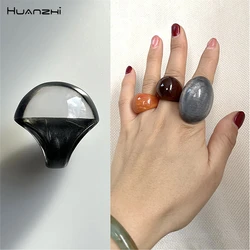 HUANZHI Transparent Resin Chunky Large Rings Geometric Oval Wide Vintage Jewelry Gift for Women Girls 2023 New IN