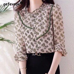 2023 Women Ruffled Floral Print Sweet Shirts Fashion Elegant Chic Chiffon Blouse Casual Long Sleeve Loose Tops Blusas Para Mujer