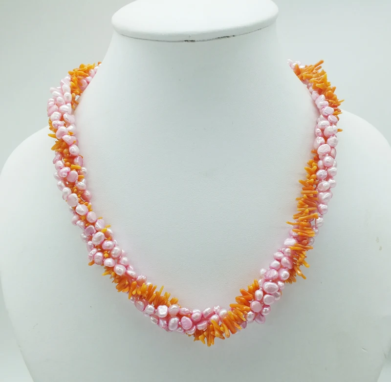 

charm ! 4 rows Natural Baroque Pearl Coral Necklace 19"