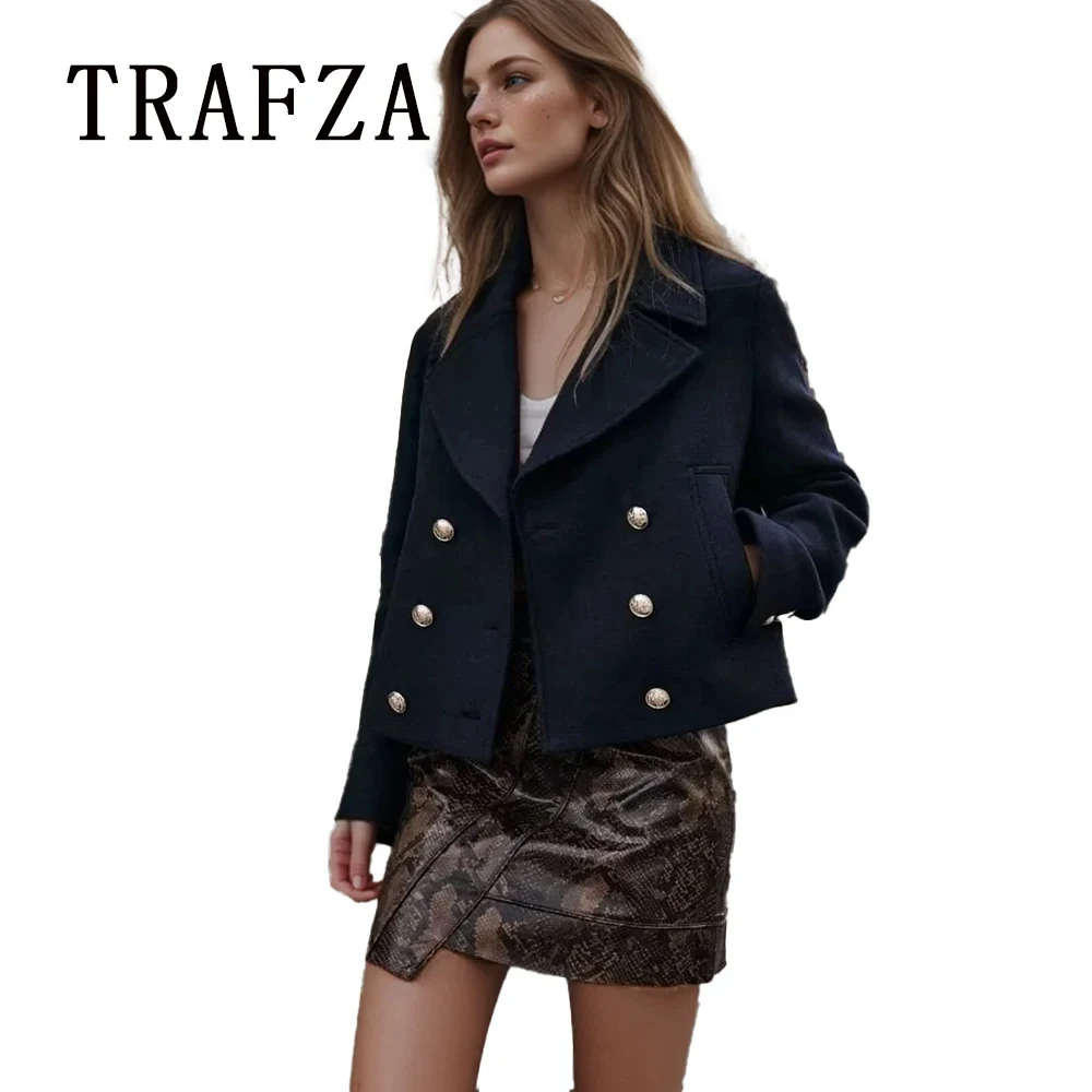 TRAFZA 2024 Spring Summer Women Casual Double Breasted Jackets Fashion Office Lady Loose Solid Elegant Demi-season Short Jackets