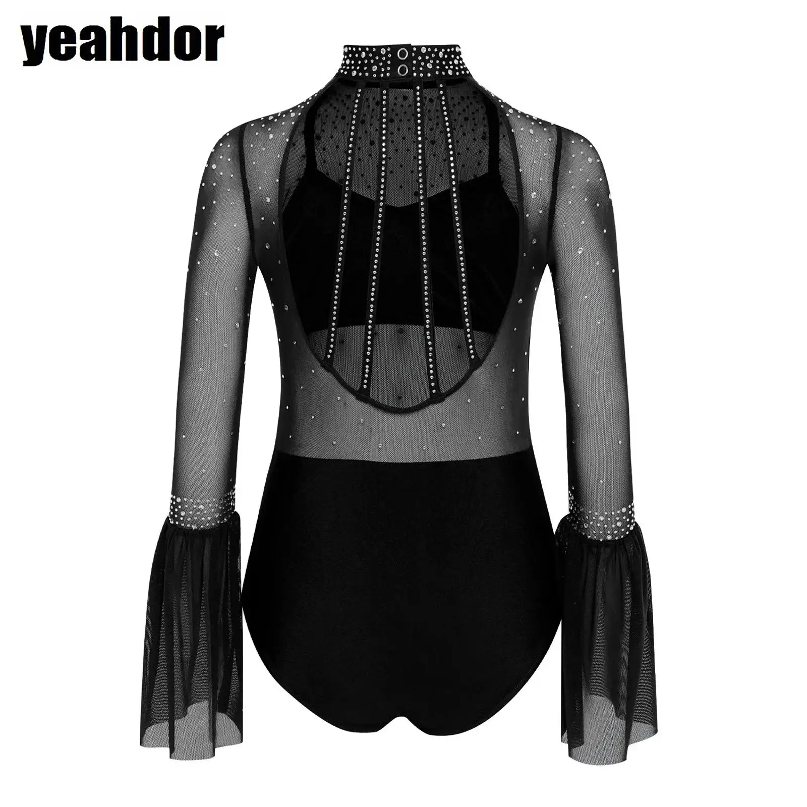 

Girls Ballet Dance Leotard Sheer Mesh Flare Sleeve Rhinestone Dance Bodysuit Unitards Figure Skating Gymnastics Dance Outfits