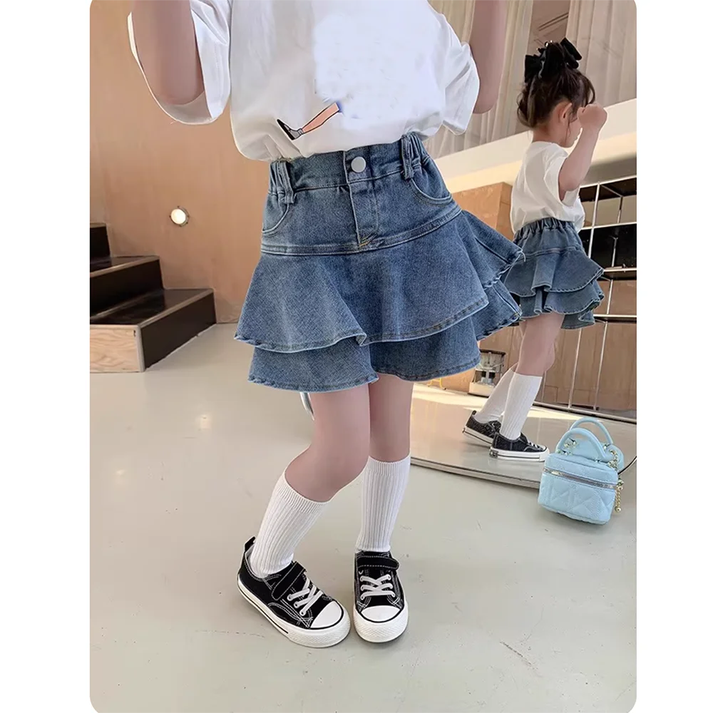 Autumn Girls Denim Tutu Skirts Children's Sweet Double Layer Ruffles High Waist Jean Skirt Shorts Mini Pleated Skort 2-12y