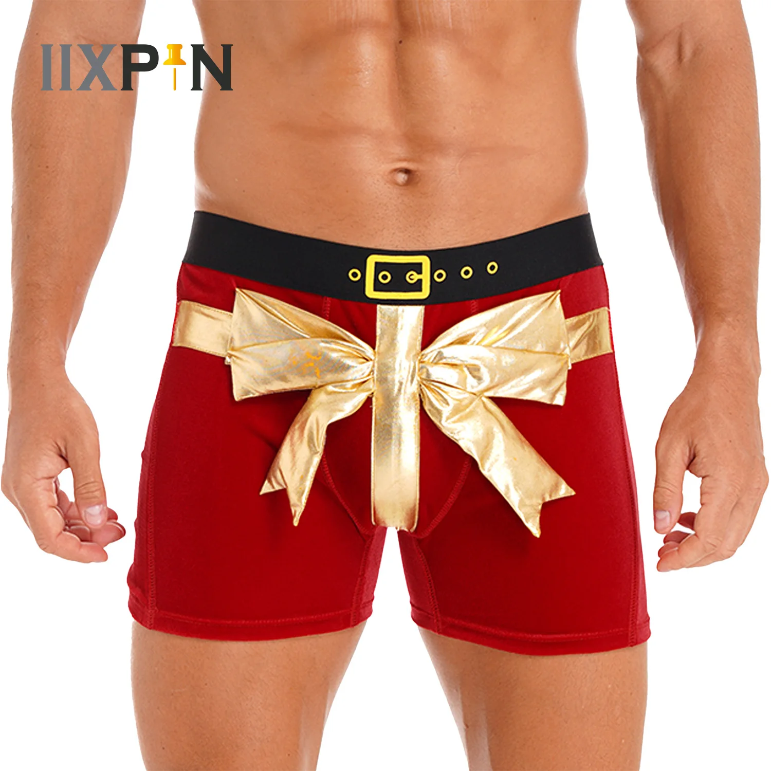 Mens Bowknot Velvet Boxer Brief Christmas Holiday Santa Claus Theme Party Costume Funny Wide Elastic Waistband Shorts Underwear