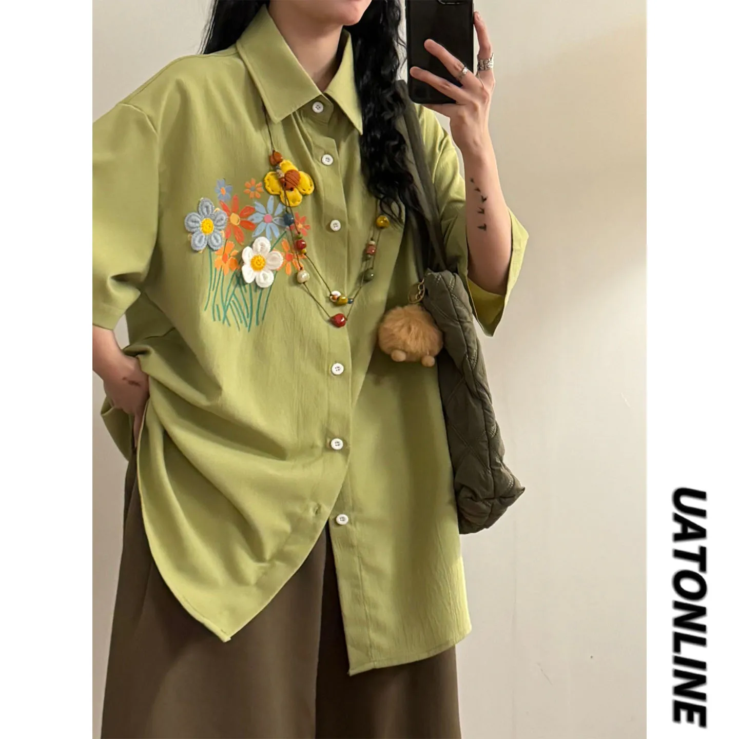 

UATONLINE2026 Летняя женская рубашка свободного кроя в уличном стиле с коротким рукавом, с цветочным 3D-принтом, повседневная, с воротником, стандартной толщины