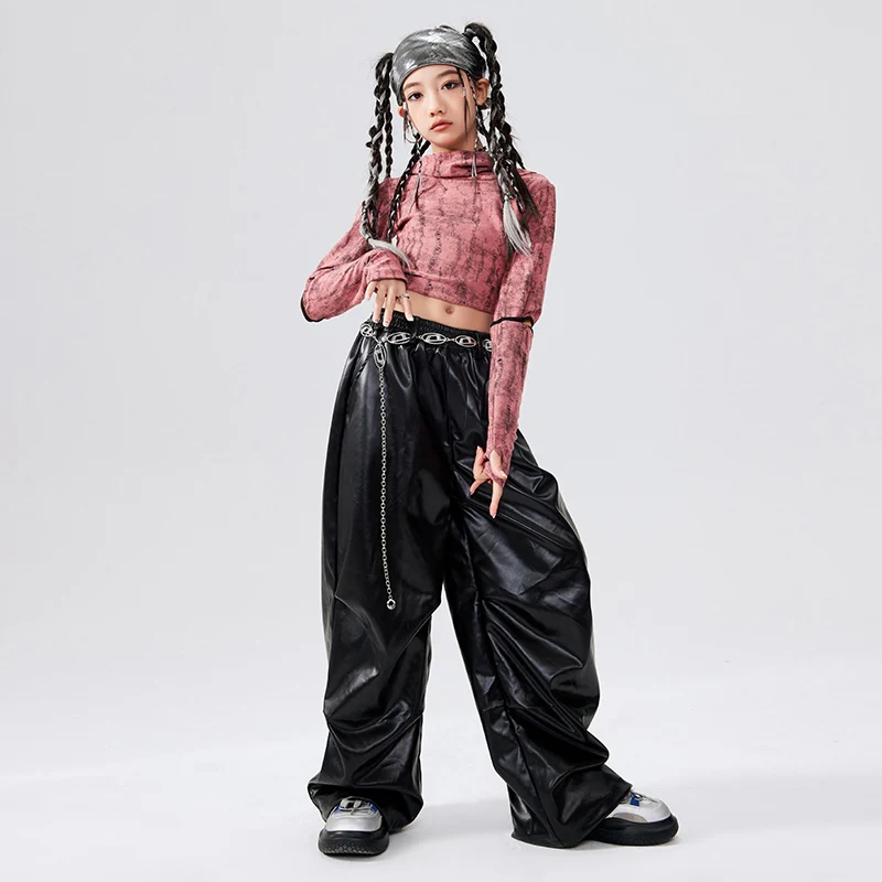 New Girls Hip Hop Dance Costume Long Sleeves Hoodies Leather Pants Jazz Dance Performance Outfits Kpop Modern Dance Wear BL14402