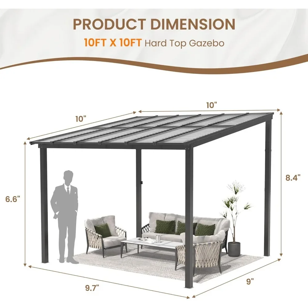 10' X 10' Gazebo, Large Hardtop Wall Mounted Lean To Gazebo for Patio, Aluminum Pergola Awnings for Patio, Pergolas