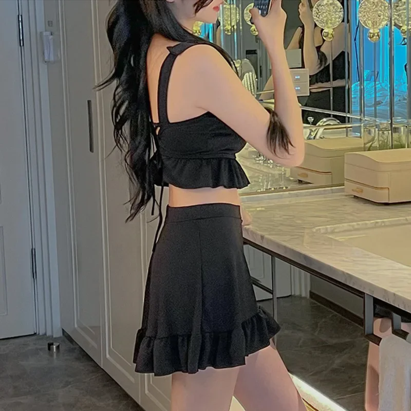 Ruffle Black Bikinis High Waist Two Pieces Swimsuit Women Swimwear Beach Wear Bathing Suits Korean Bikini Set Pool Bather 2024