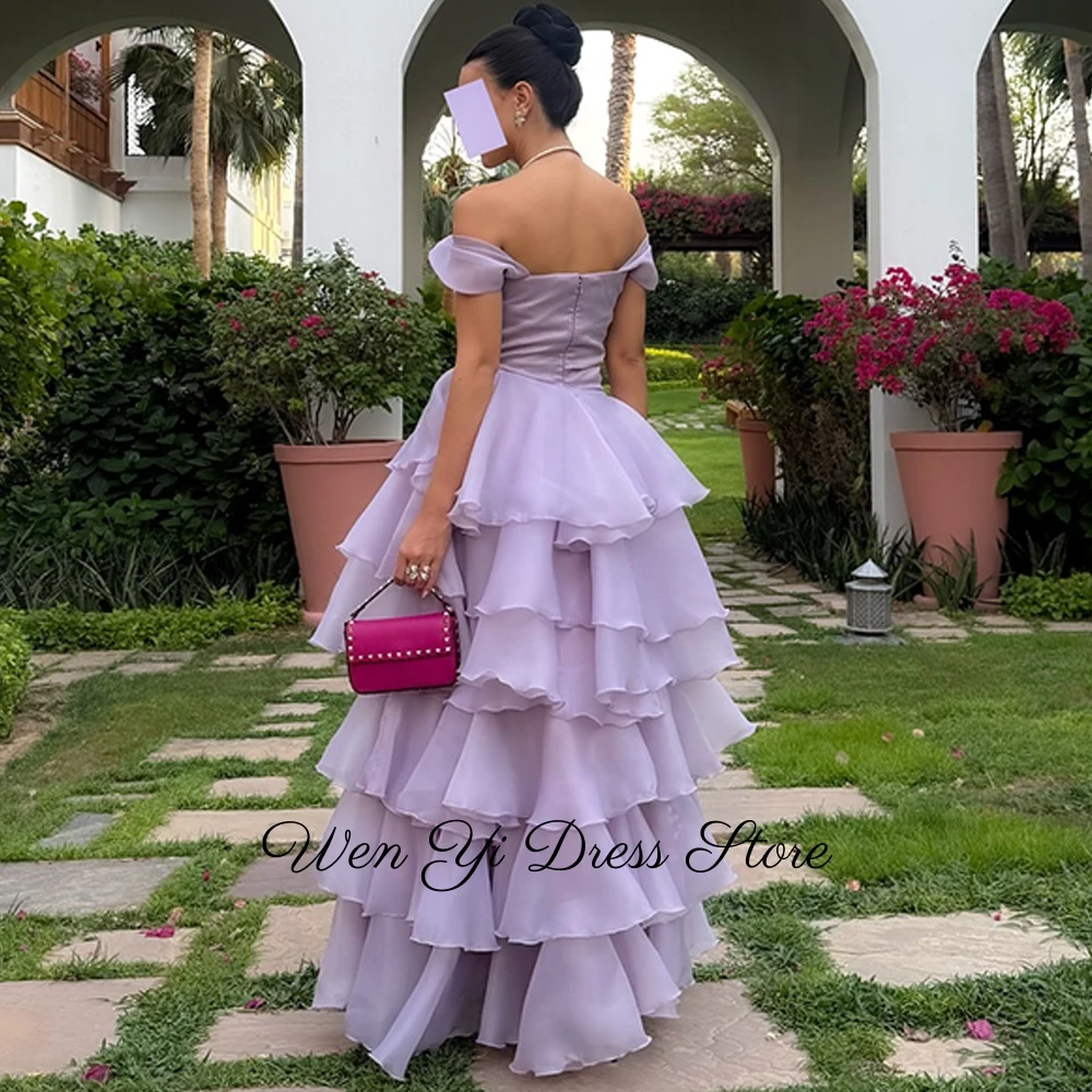 Elegantes lila abgestuftes Organza-Abendkleid, maßgeschneidert, schulterfrei, Heimkehrkleider, Reißverschluss hinten, Kleider für besondere Anlässe