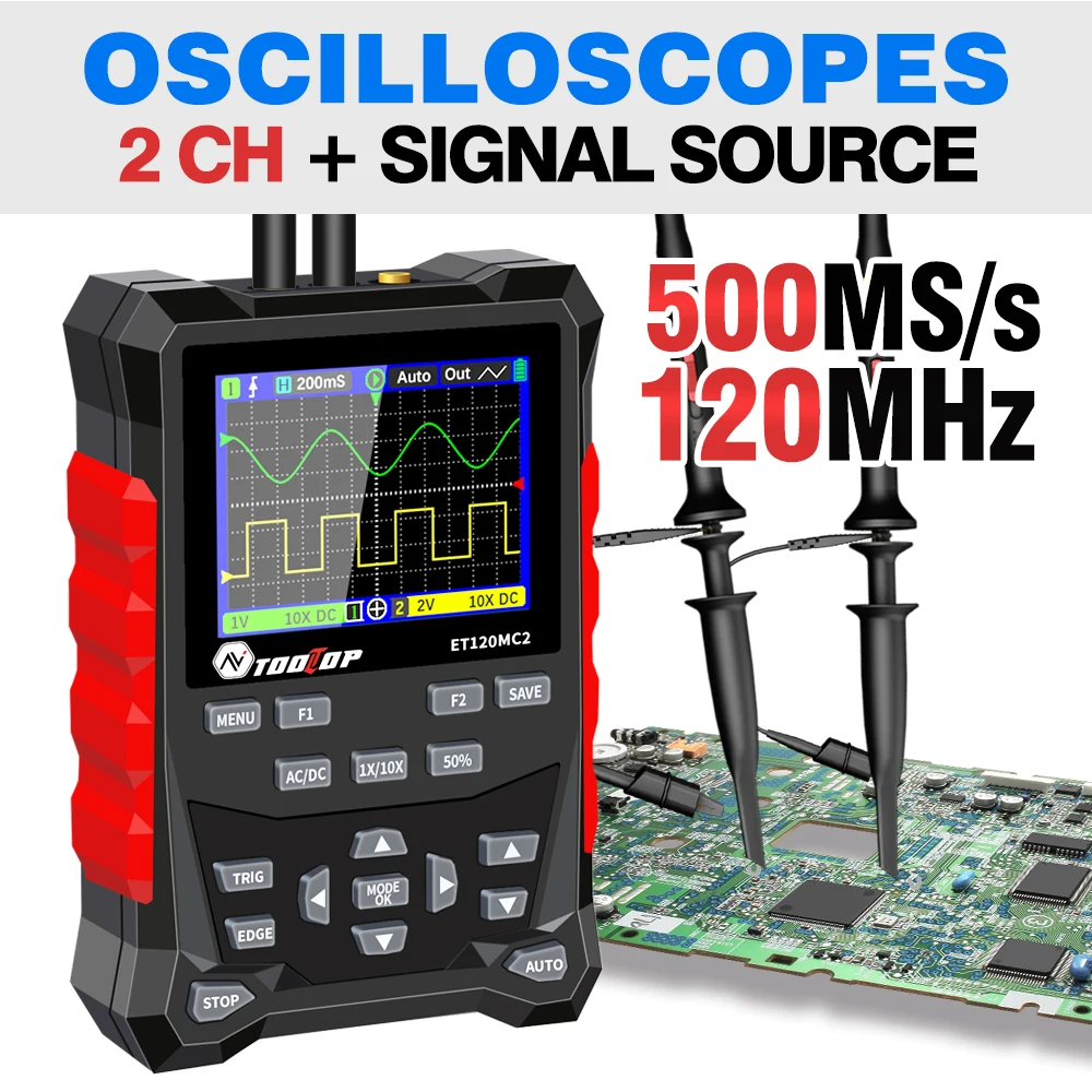TOOLTOP 2 Channel 120MHz Portable Oscilloscope Signal Source 2 in 1 Electronics Automotive Oscilloscopes Mini USB Oscilloscope