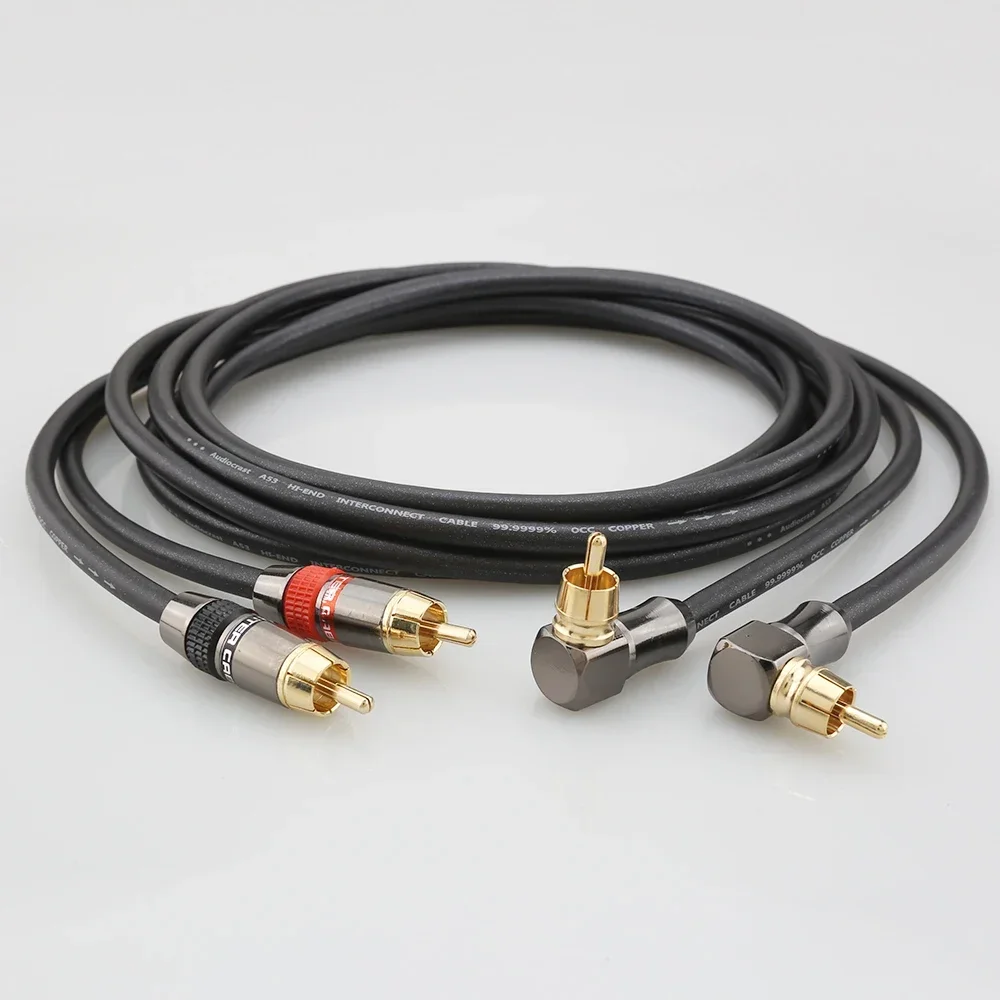 คู่ HIFI ทองแดง RCA สายเชื่อมต่อสัญญาณเสียง90องศามุมขวา24K ชุบทองสายสัญญาณปลั๊กตัวผู้