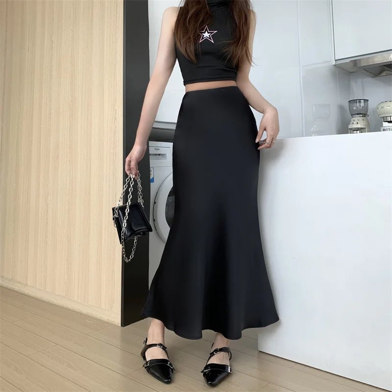 Style coréen décontracté été rouge Satin queue de poisson jupe pour les femmes taille haute mince élégant Maxi trompette dame