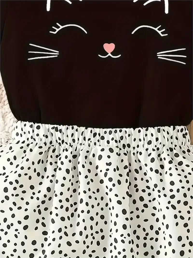 Girls 2-Piece Short Sleeve Top And Spotted Skirt, Smiling Kitten, Suitable For Girls Holiday Casual Dress, Costume Gift